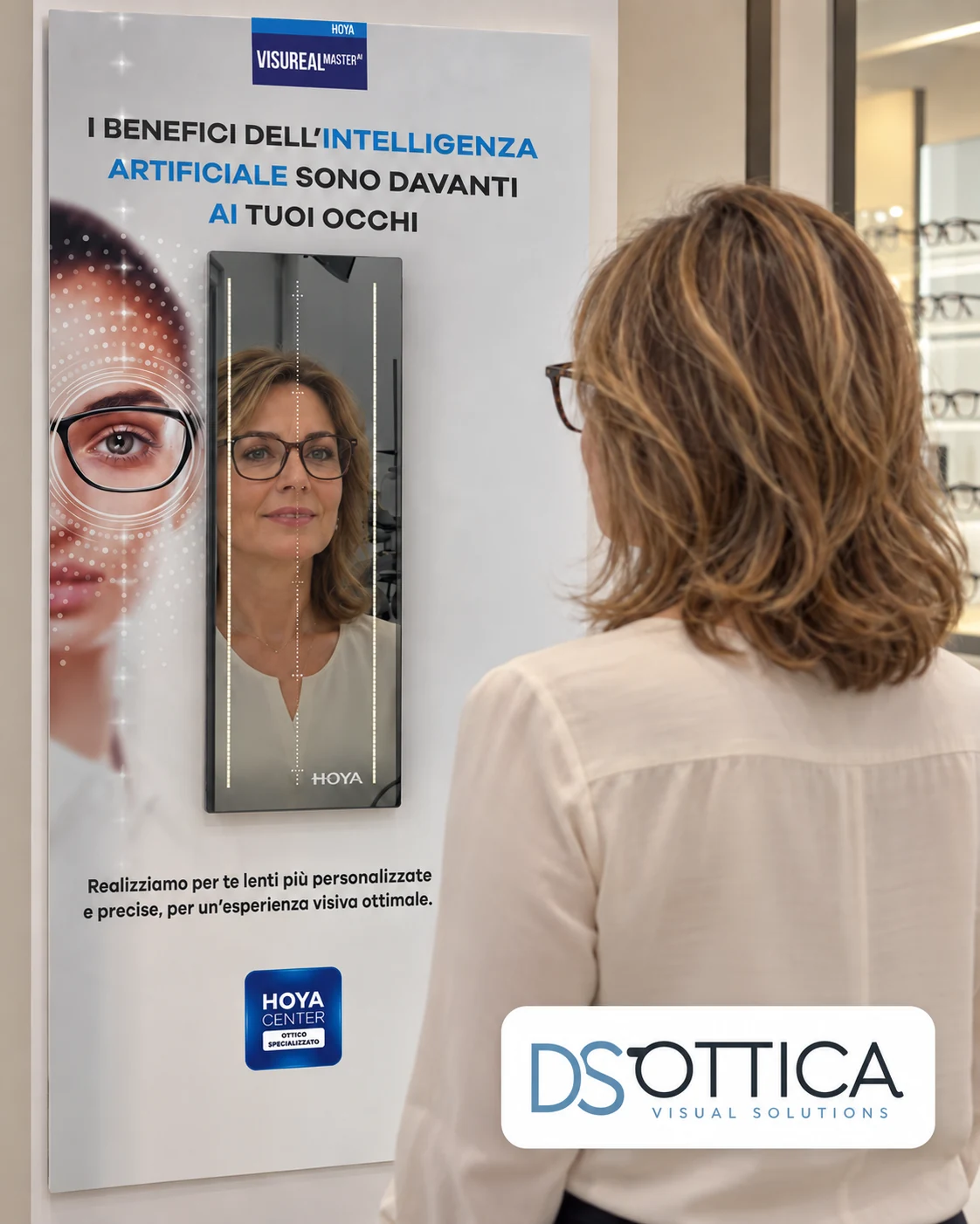 Sistema Hoya Visureal Master per la videocentratura, con una persona davanti allo specchio di misurazione
